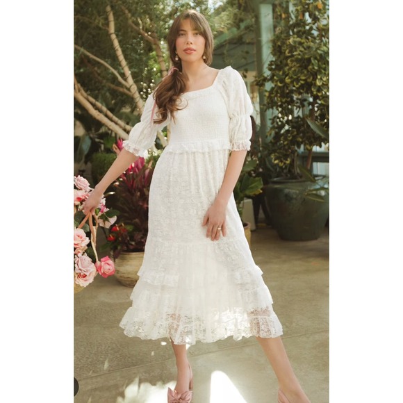 Ivy City Co Dresses & Skirts - Ivy City Co Francie White Lace Midi Dress Romantic Cottagecore Bridal Boho XL